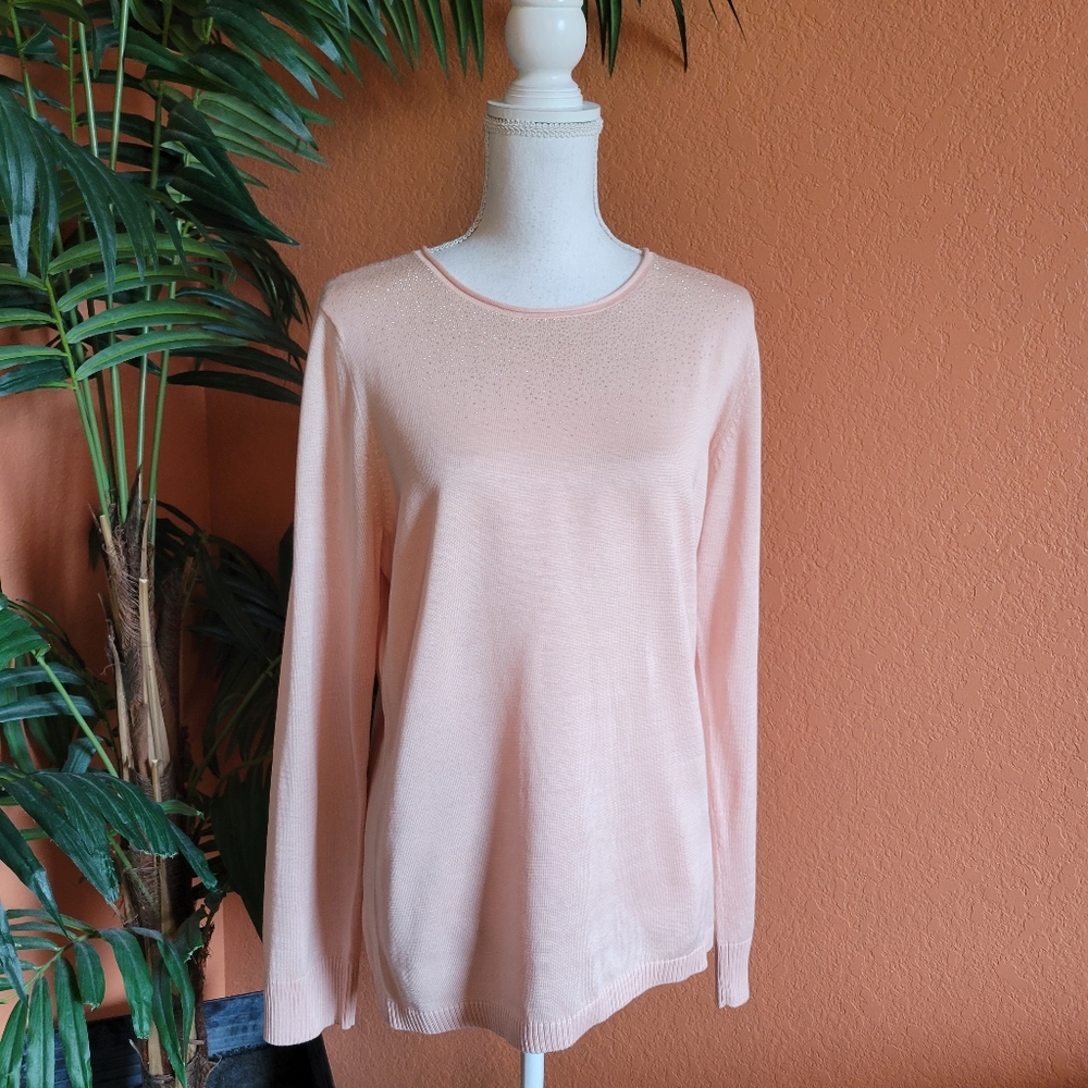 Calvin Klein CK Sparkle Stardust Sweater Cotton Modal Ballet Pink L Rhinestone